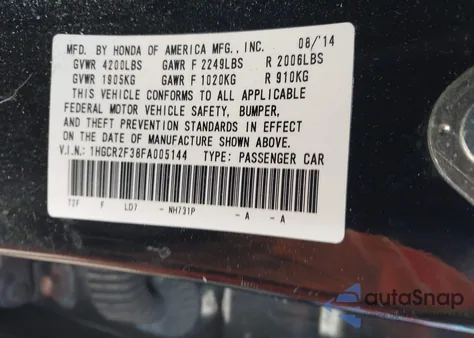 2015 Honda Accord Lx из США, поврежденный, VIN 1HGCR2F38FA005144